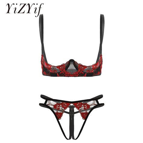 womens open half cups bra g string set bare exposed breasts erotic embroidery lace lingerie sexy