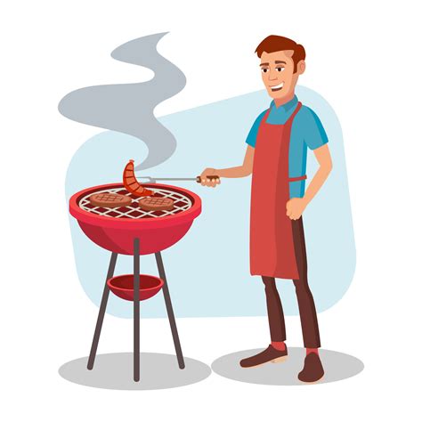 Bbq Cooking Vector Man Cook Grill Meat On Bbq Isolated Flat Cartoon Character Illustration