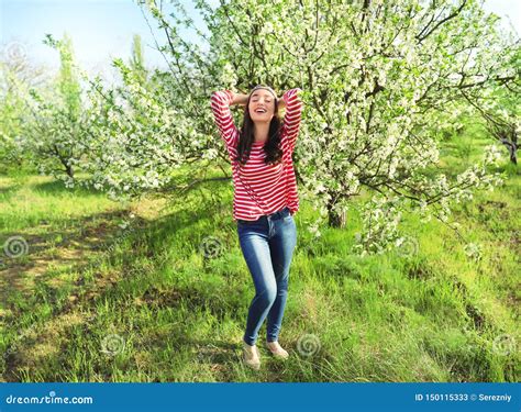 Beautiful Young Woman Near Blossoming Tree On Sunny Spring Day Stock Image Image Of Flowers