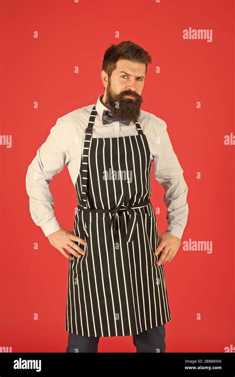 Male Cooking Bearded Man In Chef Apron Brutal Waiter On Kitchen Mature Man Beard Red