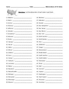 Free printable list of 50 states and capitals. Abbreviations of 50 States Worksheet or Assessment with ...
