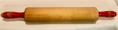 Vintage Wooden Rolling Pin With Painted Red Handles