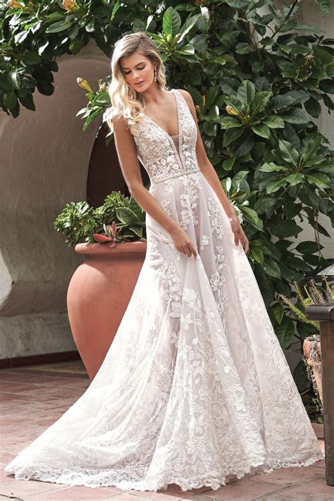 F211065 Pretty Embroidered Lace Wedding Dress With V Neckline