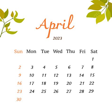 Calendário De Abril De 2023 Com Folhas Png Calendário Abril 2023