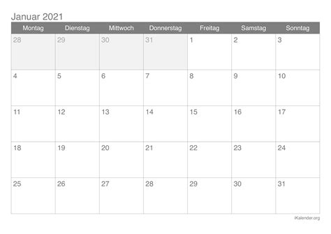 Wochenkalender 2021 als kostenlose vorlagen für pdf zum download & ausdrucken. Kalender Januar 2021 zum Ausdrucken - iKalender.org