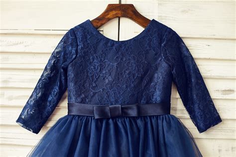 long sleeves navy blue lace tulle flower girl dress princessly