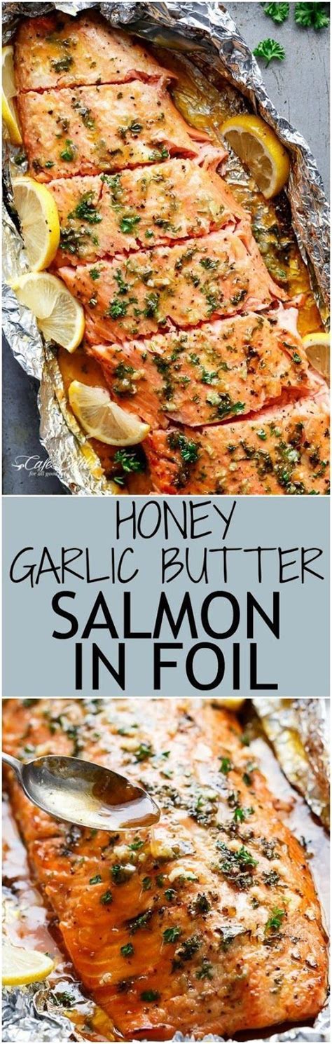Baked honey garlic butter salmon in foil a delicious and healthy fish recipe.baked salmon with honey lemon garlic is a very easy recipe to bake in oven with 5 simple ingredients. Honey Garlic Butter Salmon In Foil: | Seafood recipes ...