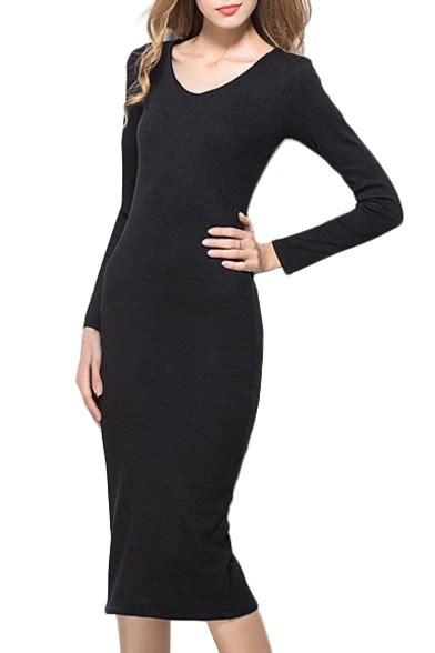 Plain Round Neck Long Sleeve Fitted Dress