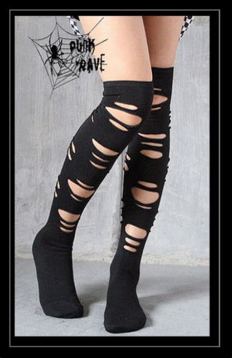 New Punk Rave Rock Goth Knee Socks Stockings With Holes S 025 All Stock