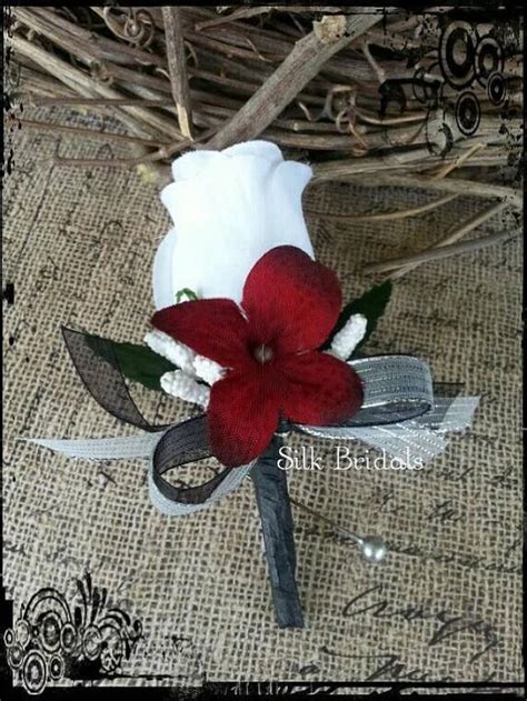 White Rose Boutonniere Red Black Silver Groom Groomsman Bridal Silk