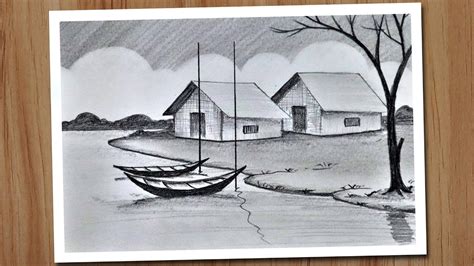 Riverside Village Scenery Drawing With Pencil Pencil Drawing For