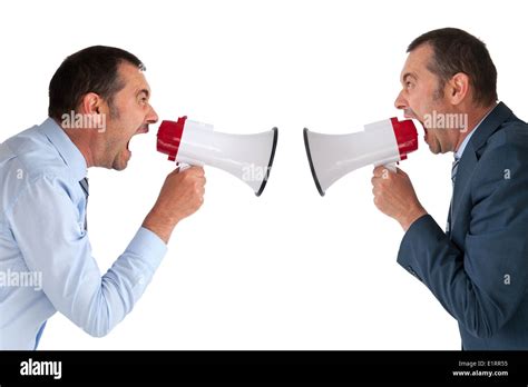 Businessman Yelling Or Shouting At Himself Through A Loudhailer Or