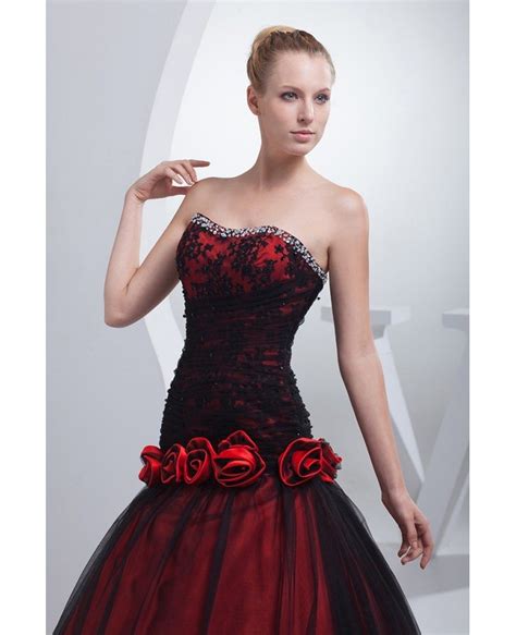 Gothic Black And Red Floral Ballgown Tulle Color Wedding Dress Oph1189