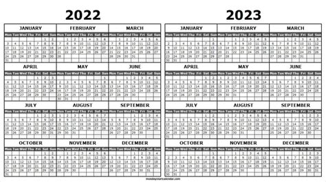 2022 And 2023 Academic Calendar Printable 2 Year Monday Start 2022