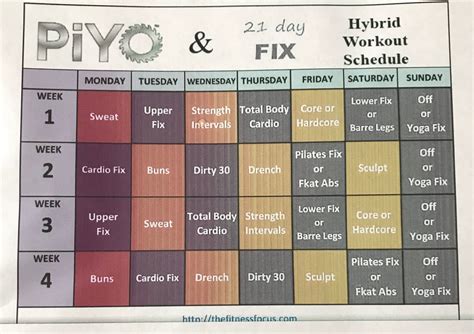 Piyo Day Fix Hybrid Calendar Piyo Workout Calendar Workout