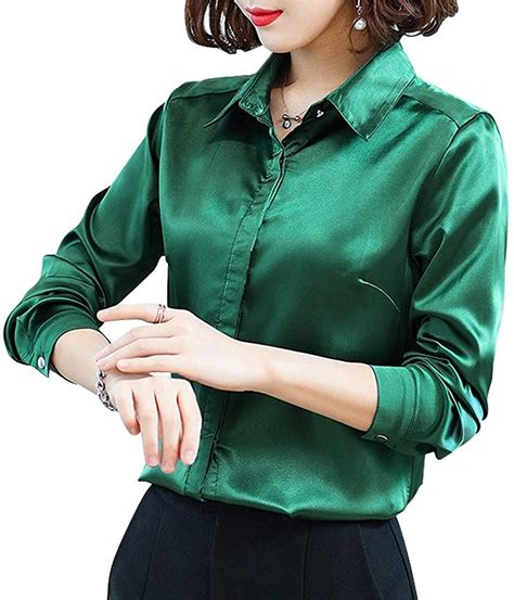Women Casual Silk Chiffon Blouse Long Sleeve Solid Color V Neck Tunic Shirt Green At Amazon In