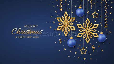 Christmas Blue Background With Hanging Shining Golden Snowflakes 3d