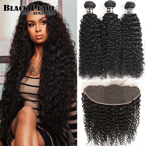 Black Pearl Brazilian Kinky Curly Lace Frontal Closure With Bundles Non Remy Curly Hair