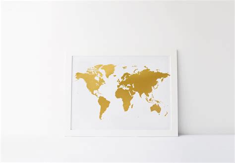 White And Gold World Map Faux Gold Foil Print Map Printstypography