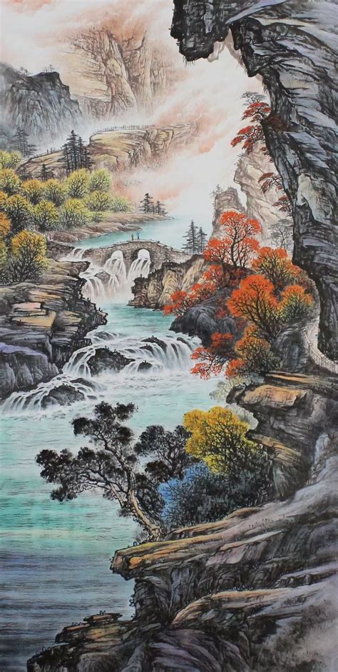 Hand Painted Shan Shui Painting Vibrant Chinse Landscape Etsy