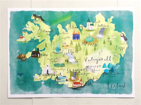 Illustrated Map Of Iceland A4a3a2 Print Watercolour Etsy