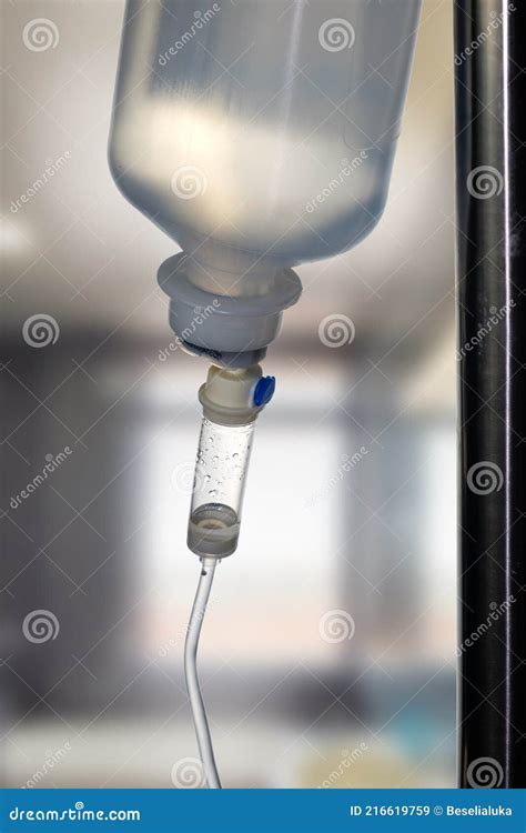 Closeup Of A Saline Iv Drip Infusion Bottle With Iv Solution Stock