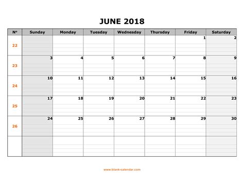 Free Download Printable June 2018 Calendar Large Box Grid Space For Notes
