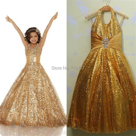 Stunning Sparkling Gold Sequined Real Photo Halter Flower Girl Dress
