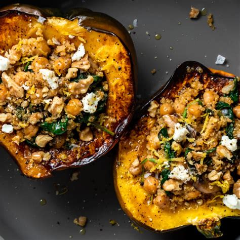 Vegetarian Stuffed Acorn Squash With Spinach And Chickpeas Baking Is