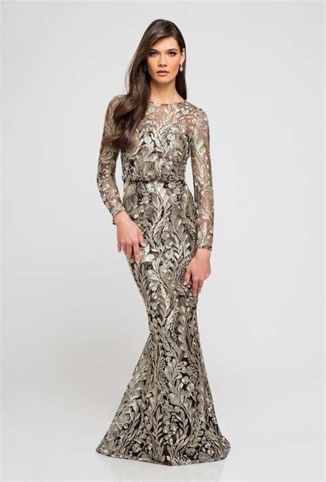 Terani Couture Long Sleeved Gilded Leaves Embroidered Gown ...