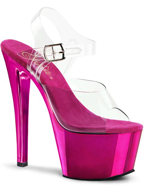 Pleaser Womens 7 Inch Stiletto Hot Pink Heels Platform Sandals Shoes With Clear Straps