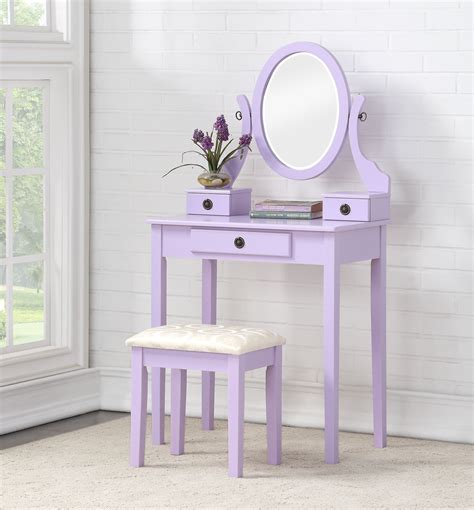 Roundhill Moniya Wood Makeup Vanity Table And Stool Set Purple