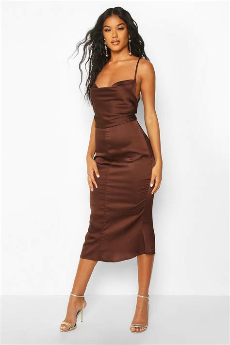Satin Cowl Neck Lace Up Fish Tail Midi Dress Boohoo Brown Dresses