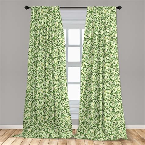 Green Curtains 2 Panels Set Swirled Curly Abstract Leaves With Damask