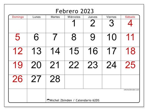 Calendario Febrero De 2023 Para Imprimir “62ds” Michel Zbinden Ar