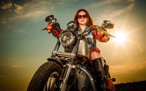 Biker Girl Sitting On Motorcycle Stock Image Image Of Black Motor