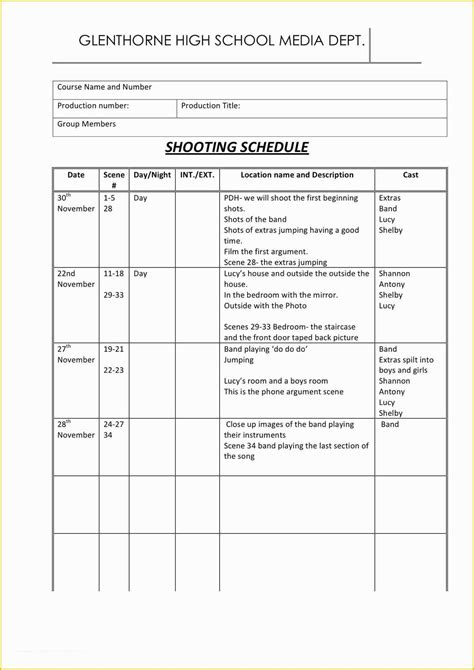 Film Schedule Template Free Of Schedule Shooting Schedule Template