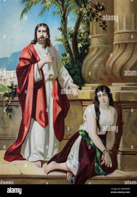 Le Christ Et La Femme Adultère Chromolithographie Dune Bible 1870