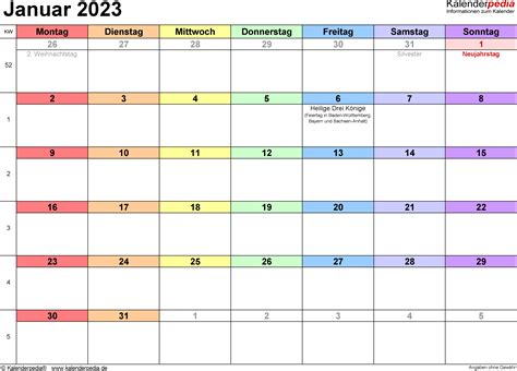 Kalender Januar 2023 Als Excel Vorlagen