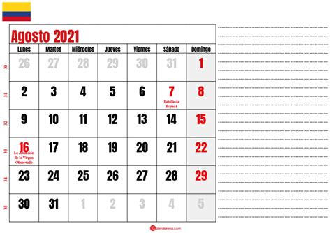 Calendario Agosto 2021 Colombia Para Imprimir