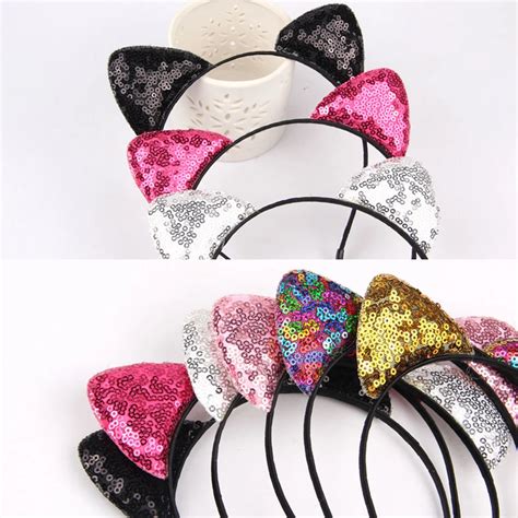 Girls Shiny Cute Sequins Cat Ears Headband Manual Cat Ears Hairband