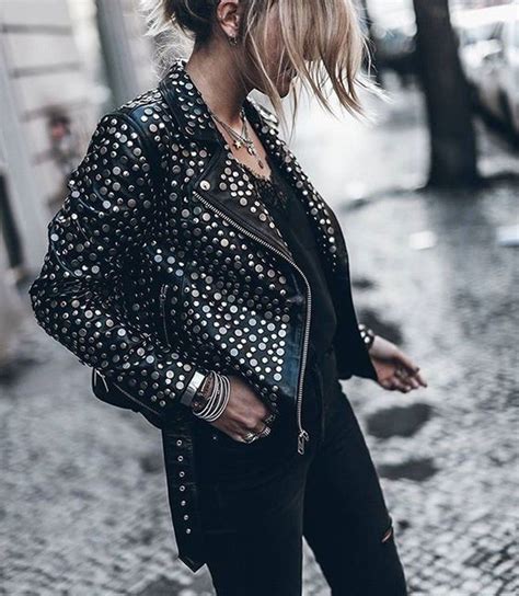 Womens Silver Full Studded Black Designer Leather Biker Jacket