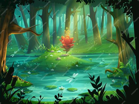 Premium Vector Cartoon Illustration The Scarlet Flower On An Island In A Swamp In The Forest