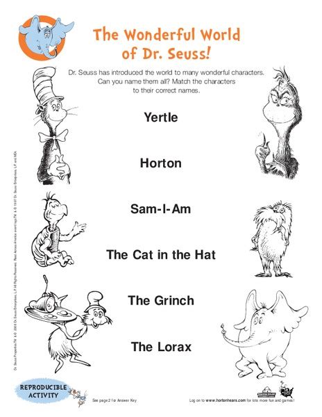 Dr Seuss Characters Worksheet For Kindergarten 2nd Grade Lesson Planet