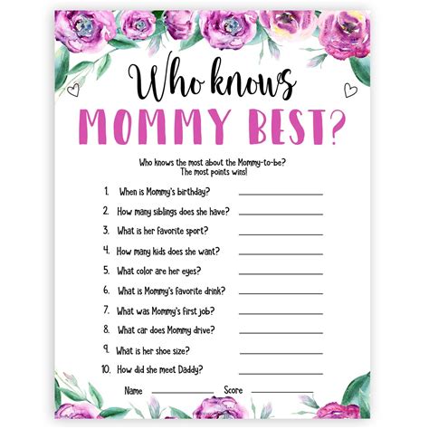 Who Knows Mommy Best Game Purple Peonies Printable Baby Shower Games Ohhappyprintables
