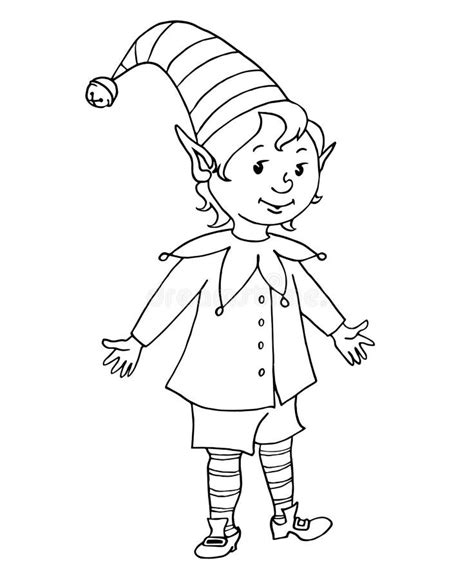 Cute Little Christmas Elf Girl Vector Hand Drawn Outline Cartoon