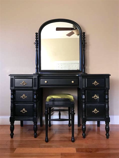 Available Black Antique Make Up Vanity With Mirror And Seat Shabby