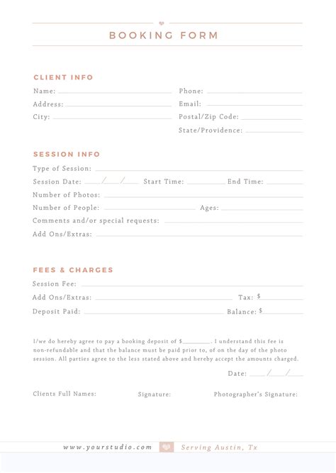 Client Booking Form For Photographers Photography Contract Templates