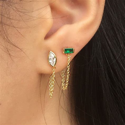 Chain Earrings Chain Stud Earrings Emerald Earrings Etsy Uk Gold