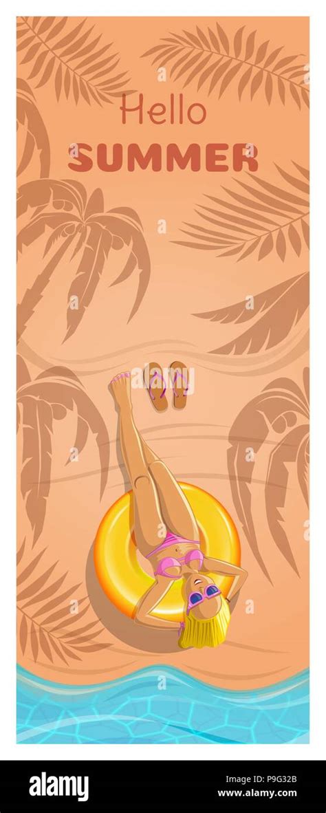 Vertical Summer Card With A Cute Blonde Girl Young Woman Sunbathing On